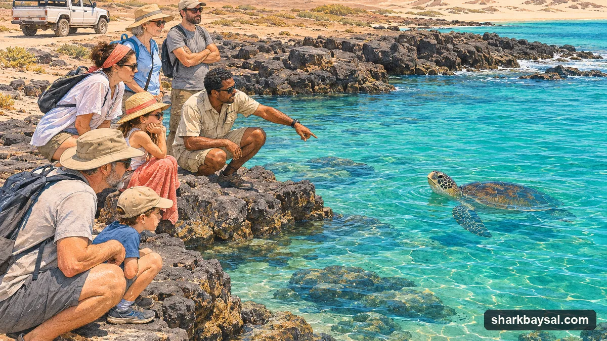 Illustration: a small group standing on dark coastal rocks above a clear turquoise bay on Boa Vista, watching a green turtle surface for air, an open 4x4 pickup parked on the sand track behind them