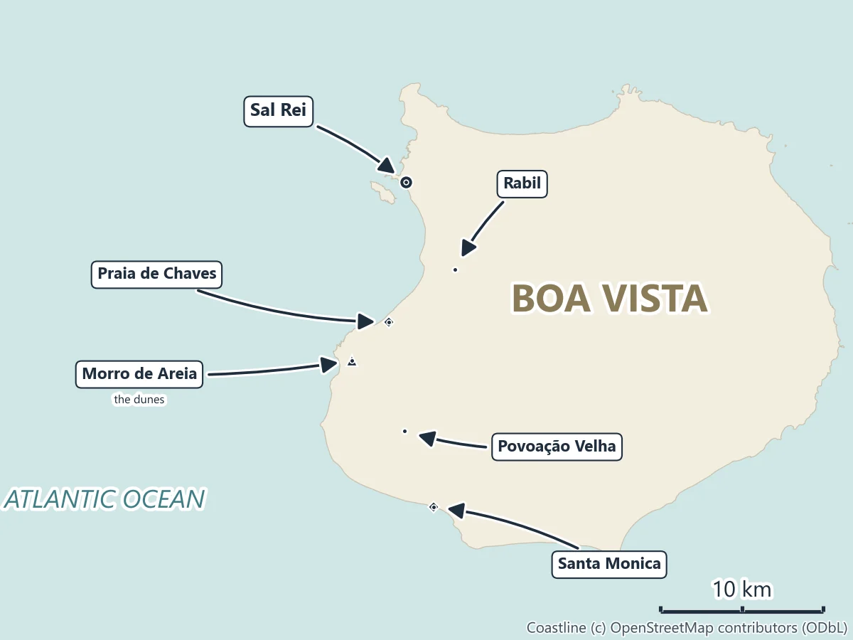 Map of Boa Vista, Cape Verde: Sal Rei and Rabil in the north-west, Praia de Chaves and the Morro de Areia dunes on the west coast, Povoação Velha and Santa Monica beach in the south-west
