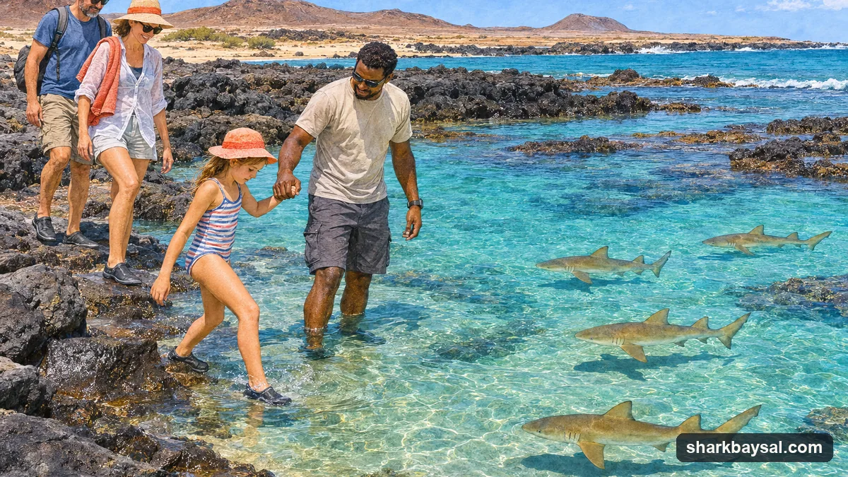 Illustration: a guide holding a child's hand as a family in water shoes wades slowly into shallow water over dark rock at Shark Bay, a few young lemon sharks swimming nearby
