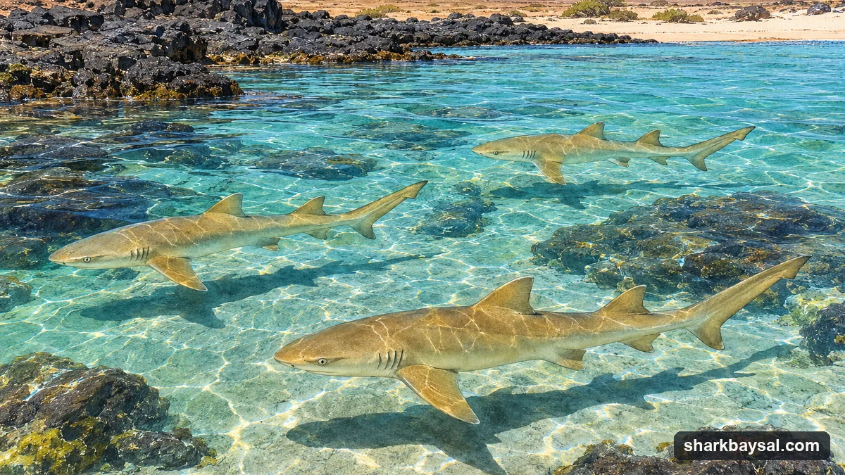 Illustration: three young lemon sharks with two near-equal dorsal fins gliding over pale sand and dark basalt rock in clear, knee-deep turquoise water, seen from just above the surface