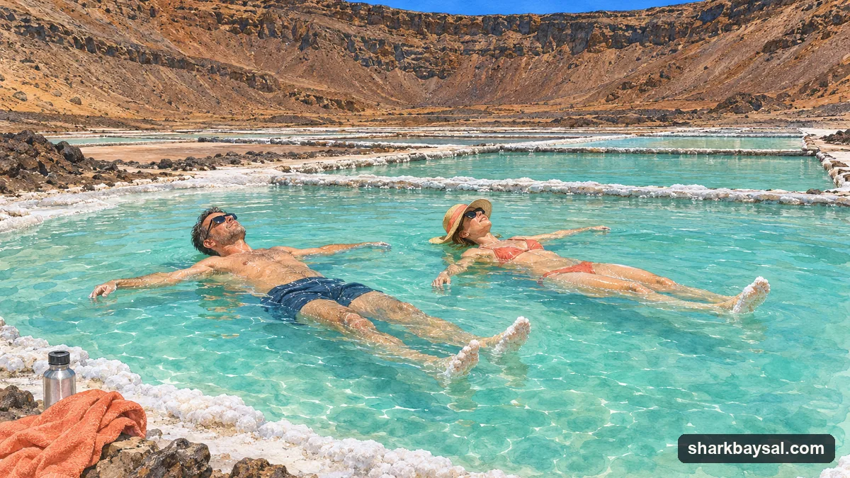 Illustration: two visitors floating on their backs in a shallow turquoise salt pan inside a brown volcanic crater, white salt crust at the edges and the crater wall behind