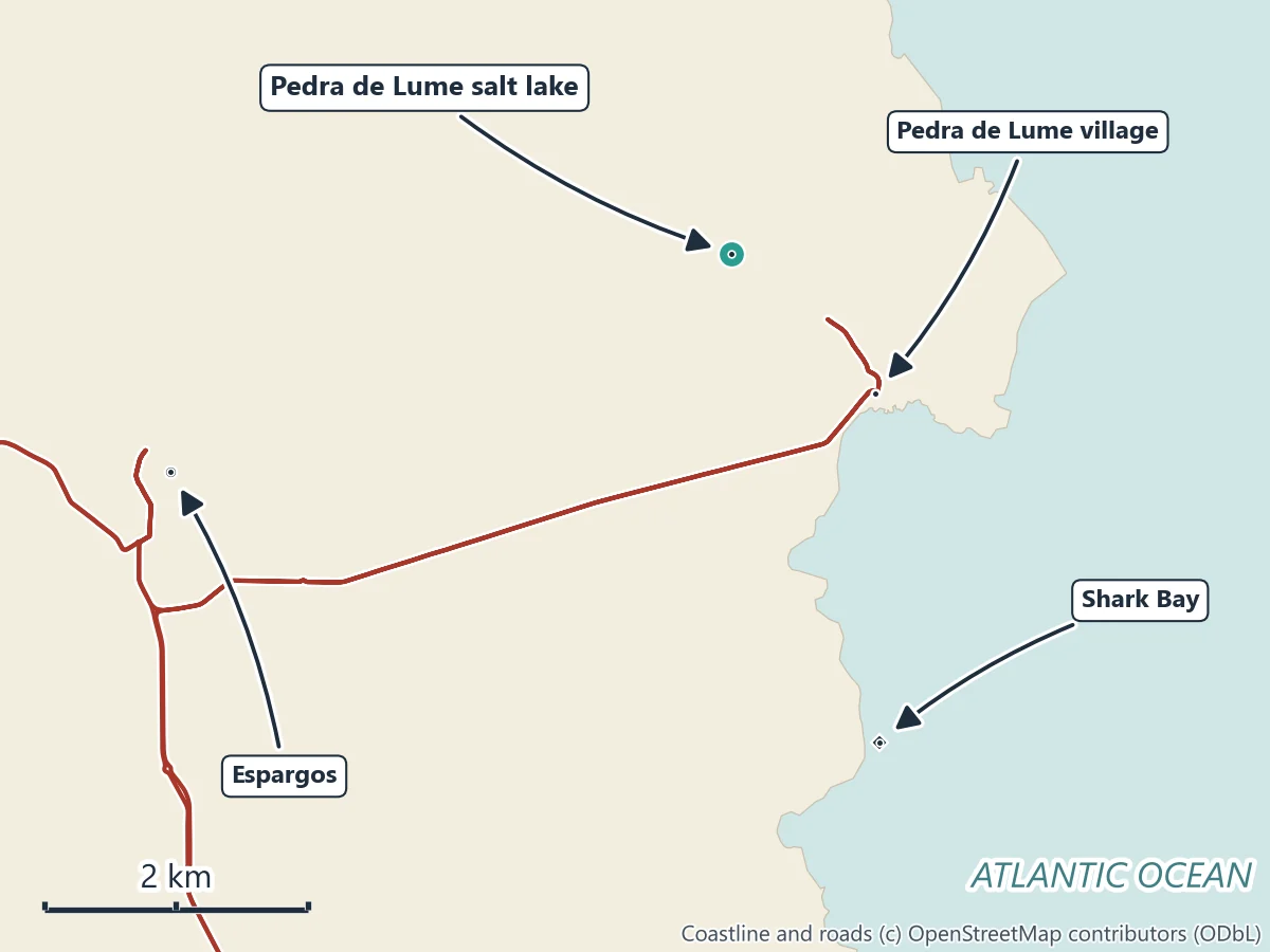 Map of north-east Sal: the Pedra de Lume salt lake in its crater above Pedra de Lume village, Shark Bay a short way south along the east coast, Espargos and the airport to the west