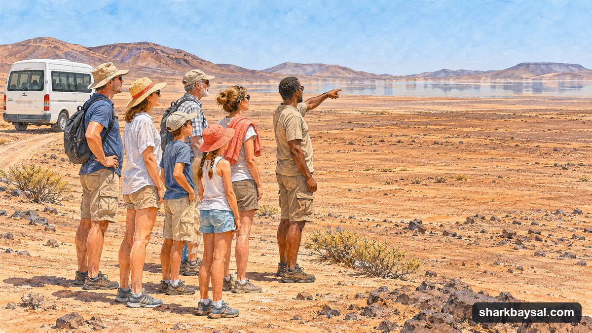 Illustration: a small group with a guide standing on the flat, sandy Terra Boa plain on Sal under a hot blue sky, a shimmering mirage of water on the horizon, their minibus parked on a dirt track behind them