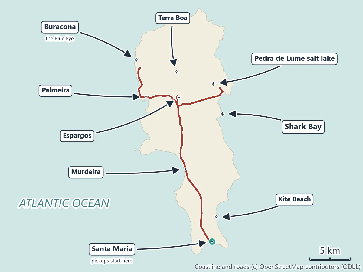 Map of Sal with the island tour route from Santa Maria north to Murdeira, Espargos, Palmeira and Buracona on the west, across the Terra Boa plain, and down the east coast to the Pedra de Lume salt lake and Shark Bay