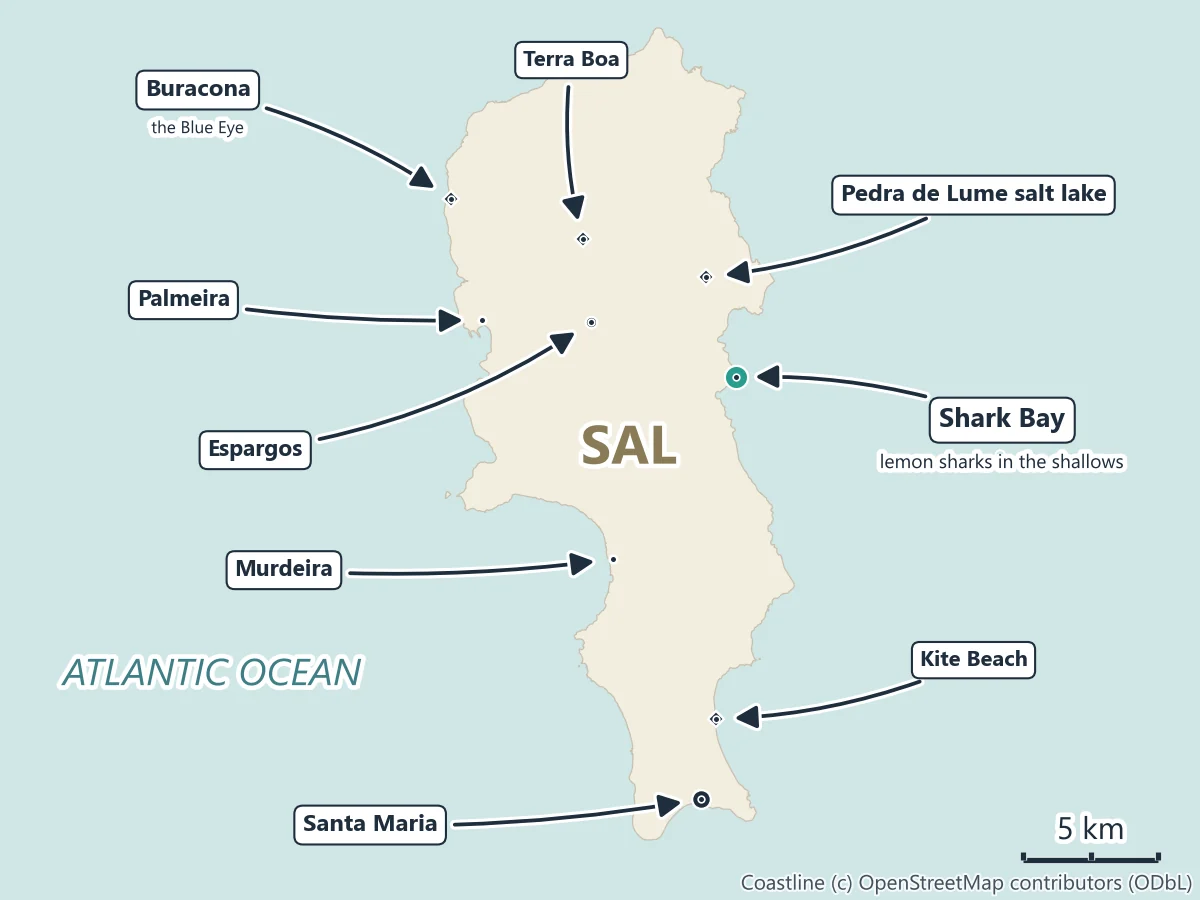 Map of Sal island, Cape Verde: Shark Bay on the east coast south of the Pedra de Lume salt lake, Buracona with the Blue Eye in the north-west, Palmeira, Espargos and Terra Boa in the middle, Murdeira, Kite Beach and Santa Maria in the south